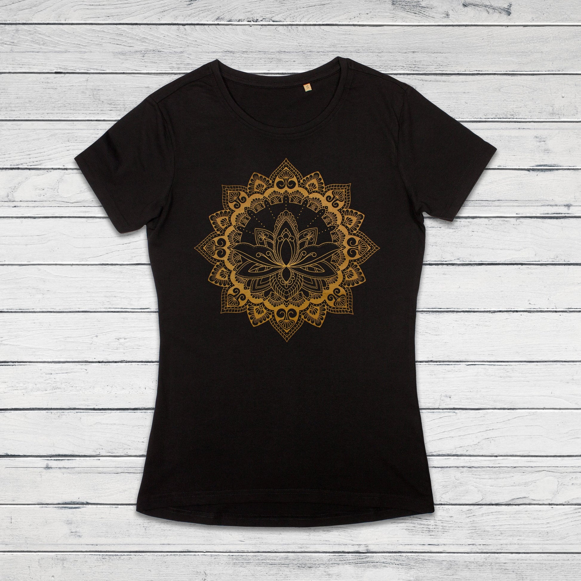 Mandala T Shirt Traditional Indian Henna Tattoo Gold Print Yoga Inspirational Lotus Buddhism Hindu Organic Cotton Womens Girls Printed Tee