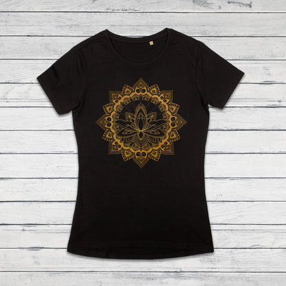 Mandala T Shirt Traditional Indian Henna Tattoo Gold Print Yoga Inspirational Lotus Buddhism Hindu Organic Cotton Womens Girls Printed Tee
