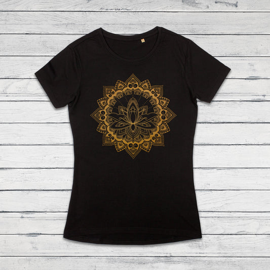 Mandala T Shirt Traditional Indian Henna Tattoo Gold Print Yoga Inspirational Lotus Buddhism Hindu Organic Cotton Womens Girls Printed Tee