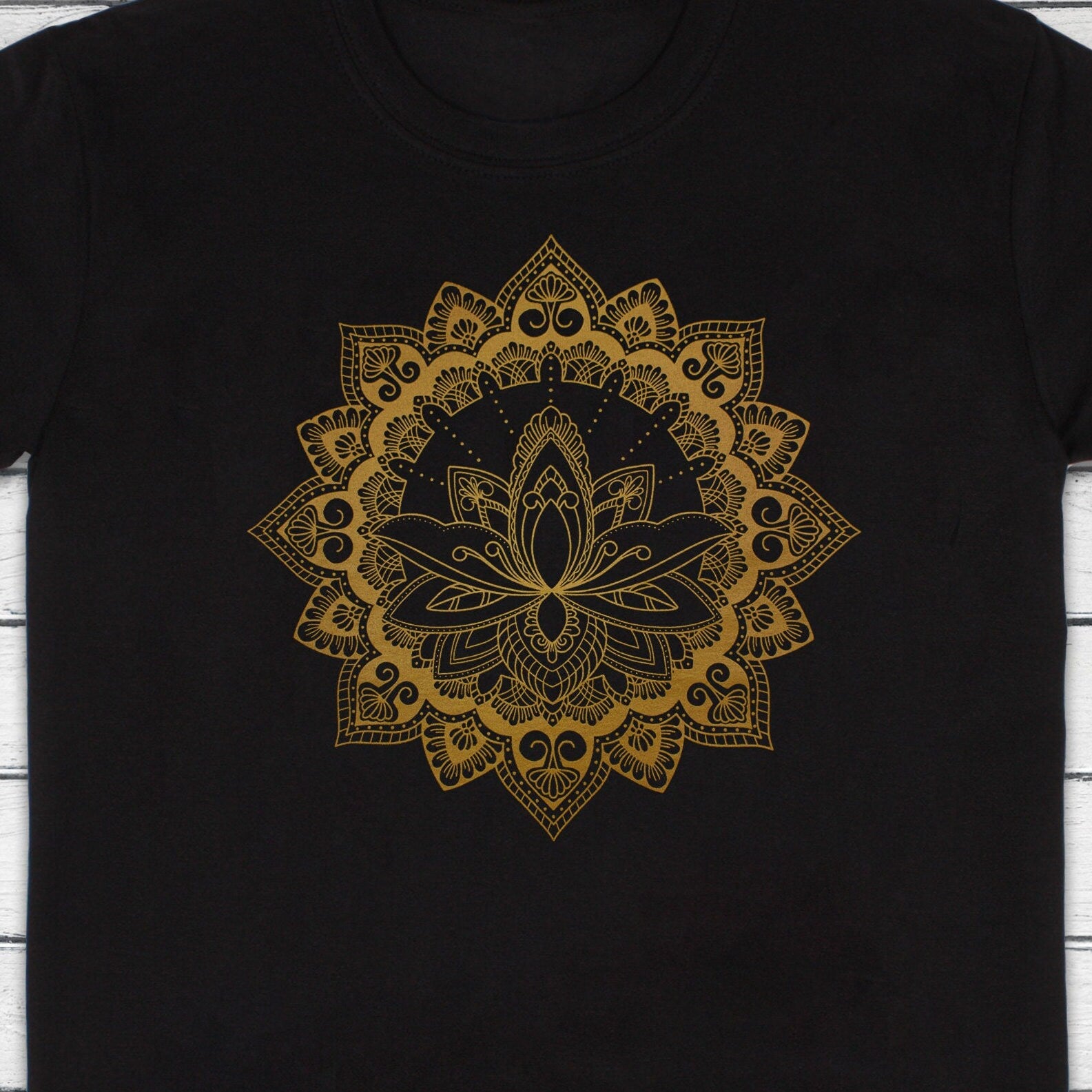 Lotus Mandala T Shirt Traditional Art Indian Henna Tattoo Yoga Gold Print Flower Hindu Artwork Yoga Mens Womens Printed Black Navy Tee Top