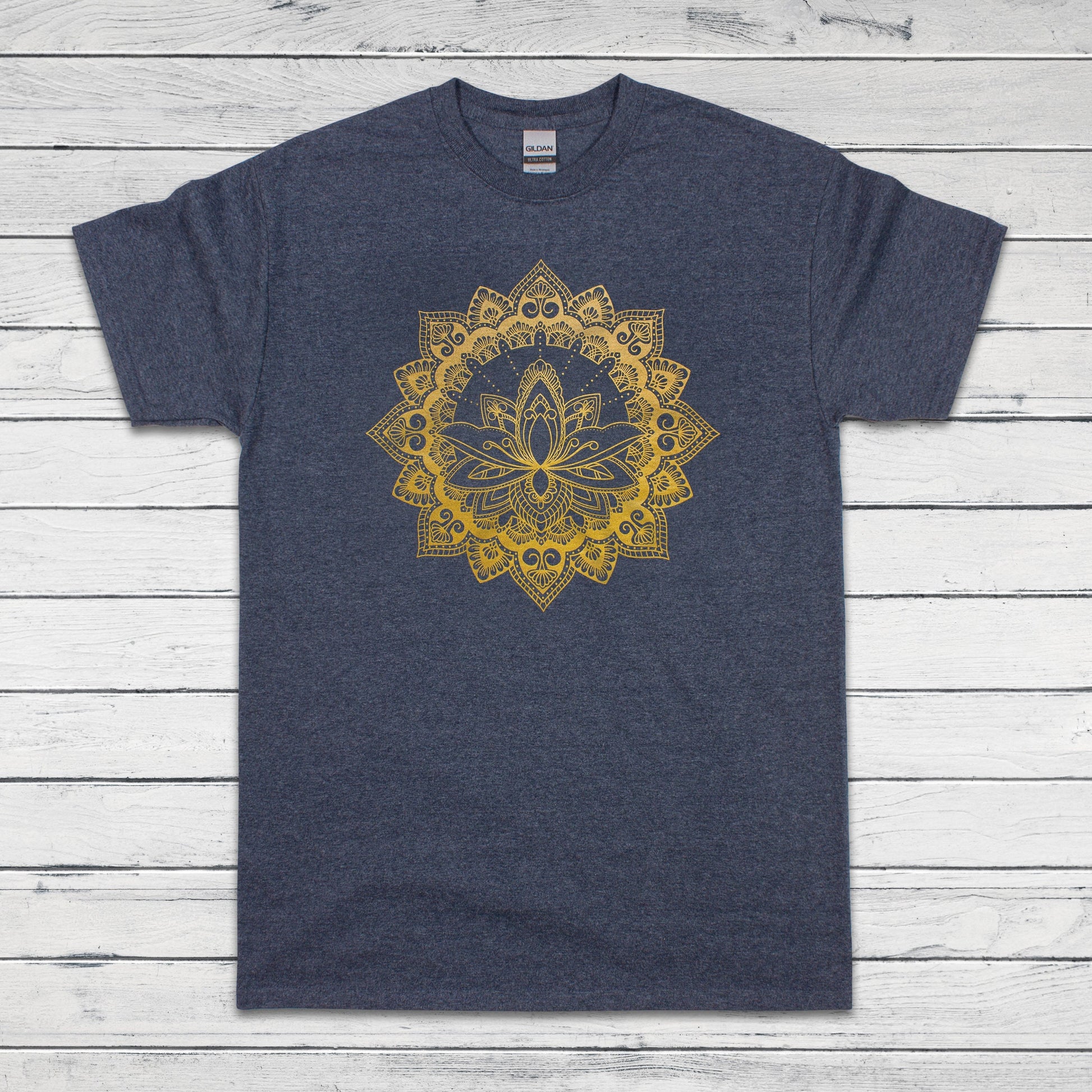 Lotus Mandala T Shirt Traditional Art Indian Henna Tattoo Yoga Gold Print Flower Hindu Artwork Yoga Mens Womens Printed Black Navy Tee Top