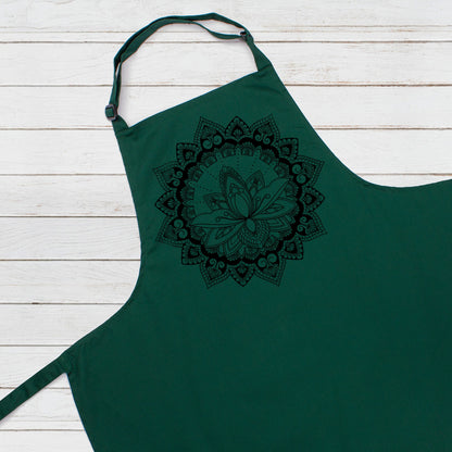 Lotus Mandala Printed Apron Baking Cooking Indian Henna Tattoo Gold Print Yoga Buddhism Hindu Chef Womens Mens Full Length One Size Gifts