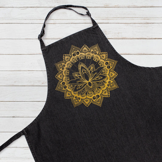 Lotus Mandala Printed Apron Baking Cooking Indian Henna Tattoo Gold Print Yoga Buddhism Hindu Chef Womens Mens Full Length One Size Gifts