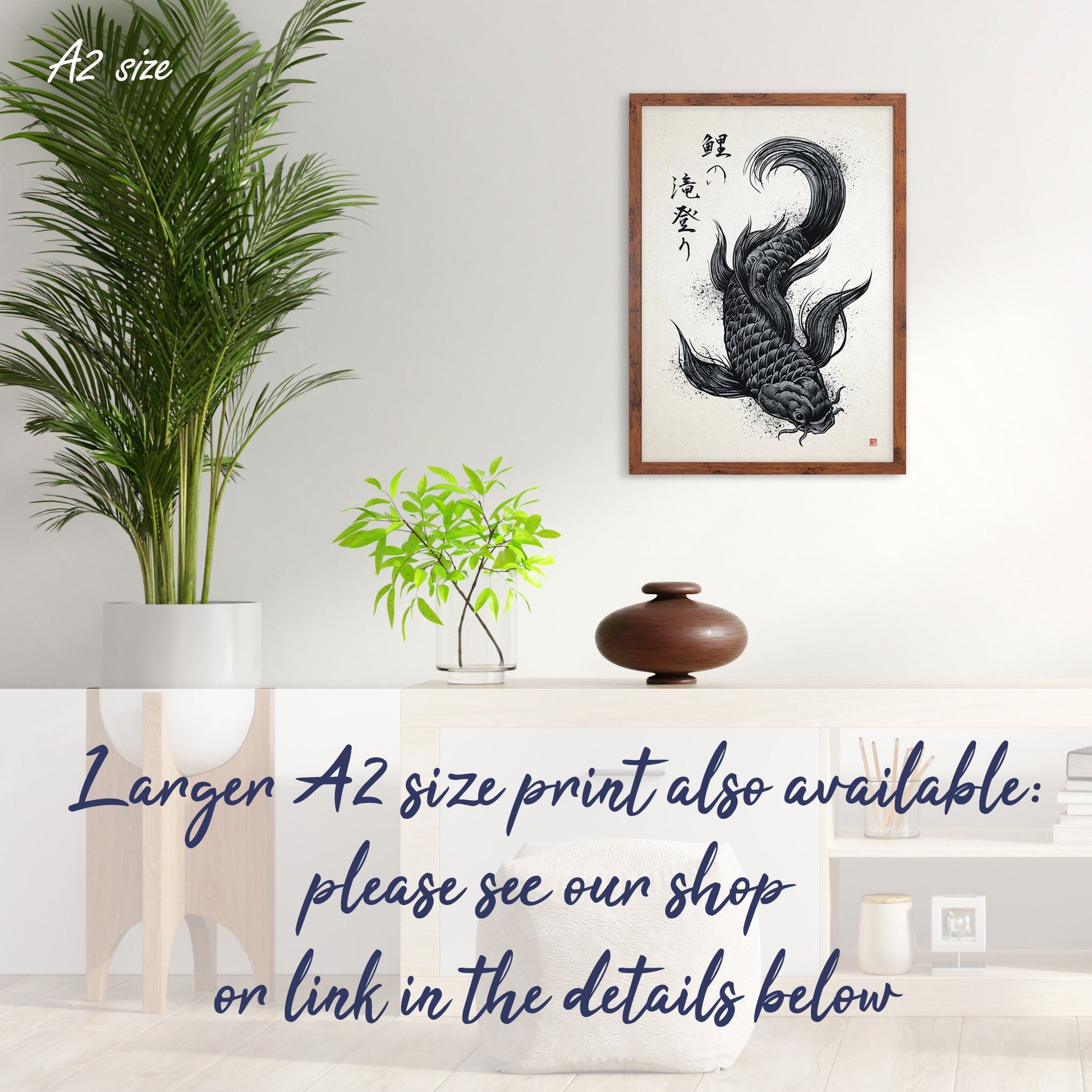 Japanese Koi Carp Art Print Poster Woodblock Ukiyo-e Style Framed Mounted Wall Samurai Tattoo Monster Calligraphy Beautiful Bushido A3 A2