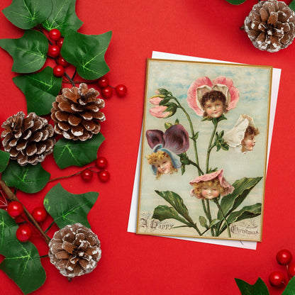 Weird Victorian Greeting Cards Christmas Card Set Xmas New Year Winter Edwardian Vintage Retro Children Flower Head Faces Creepy Funny - F11