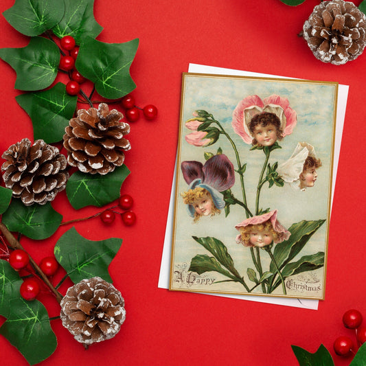 Weird Victorian Greeting Cards Christmas Card Set Xmas New Year Winter Edwardian Vintage Retro Children Flower Head Faces Creepy Funny - F11