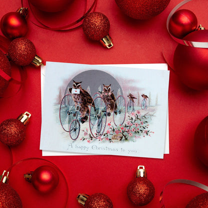 Weird Victorian Greeting Cards Christmas Card Set Xmas New Year Winter Edwardian Vintage Retro Owls Tricycle Bicycle Funny Festive Cute T98