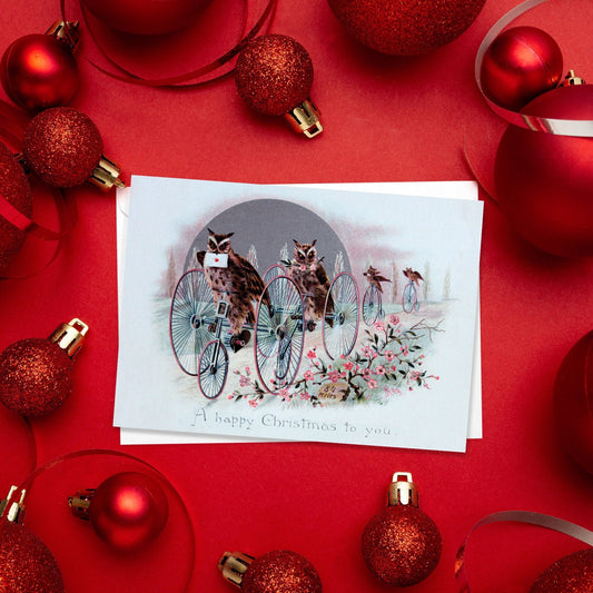 Weird Victorian Greeting Cards Christmas Card Set Xmas New Year Winter Edwardian Vintage Retro Owls Tricycle Bicycle Funny Festive Cute T98