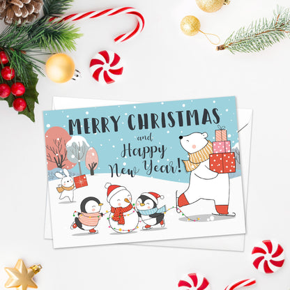 Kawaii Greeting Cards Christmas Card Set of 10 Xmas Tree New Year Winter Pretty Cats Kittens Penguins Teddy Retro Santa Claus Kittens Cute
