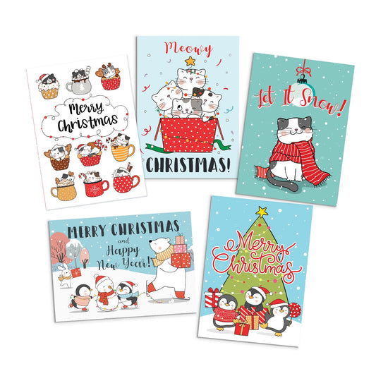 Kawaii Greeting Cards Christmas Card Set of 5 Xmas Tree New Year Winter Pretty Cats Kittens Penguins Teddy Retro Santa Claus Adorable Cute