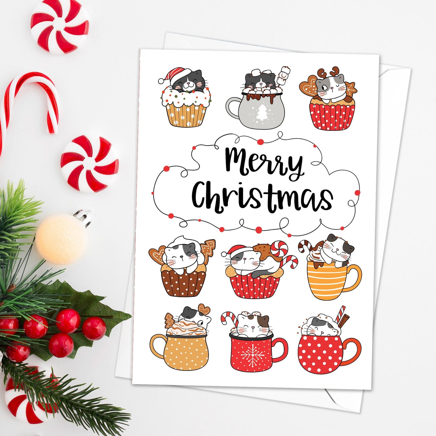 Christmas Greeting Card Kawaii Merry Xmas Tree New Year Winter Pretty Cats Kittens Retro Santa Claus Kittens Cute Cat-Lover Gift Cakes - K17