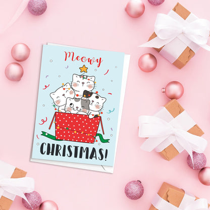 Meowy Christmas Greeting Card Kawaii Xmas Tree New Year Winter Pretty Cats Kittens Retro Santa Claus Kittens Cute Cat-Lover Gift Gifts - M90