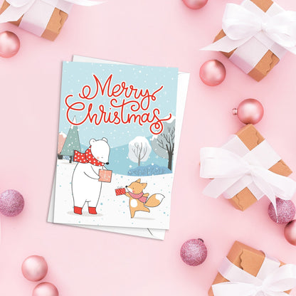 Christmas Greeting Card Kawaii Merry Xmas Tree New Year Winter Pretty Animals Fox Polar Bear Snowman Retro Santa Claus Cute Gift Cakes - F67