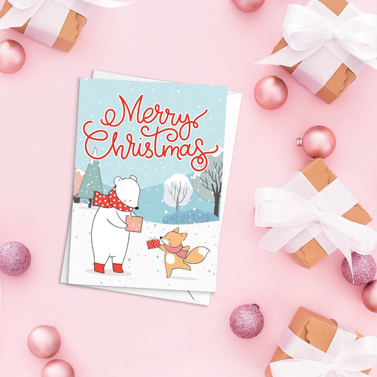 Christmas Greeting Card Kawaii Merry Xmas Tree New Year Winter Pretty Animals Fox Polar Bear Snowman Retro Santa Claus Cute Gift Cakes - F67