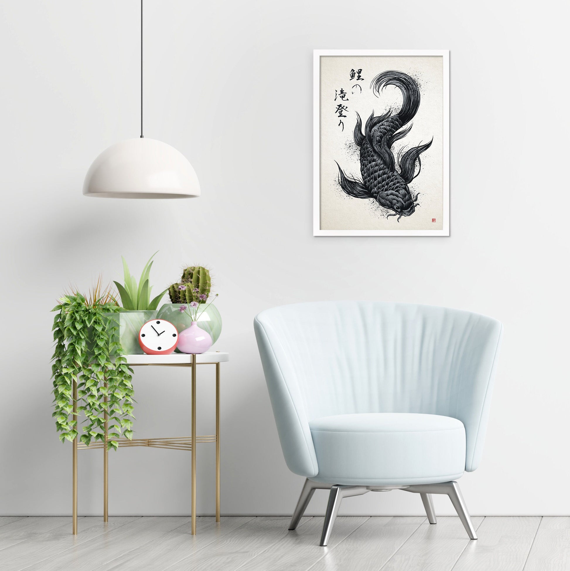 Japanese Koi Carp Art Print Poster Woodblock Ukiyo-e Style Framed Mounted Wall Samurai Tattoo Monster Calligraphy Beautiful Bushido A2 Large