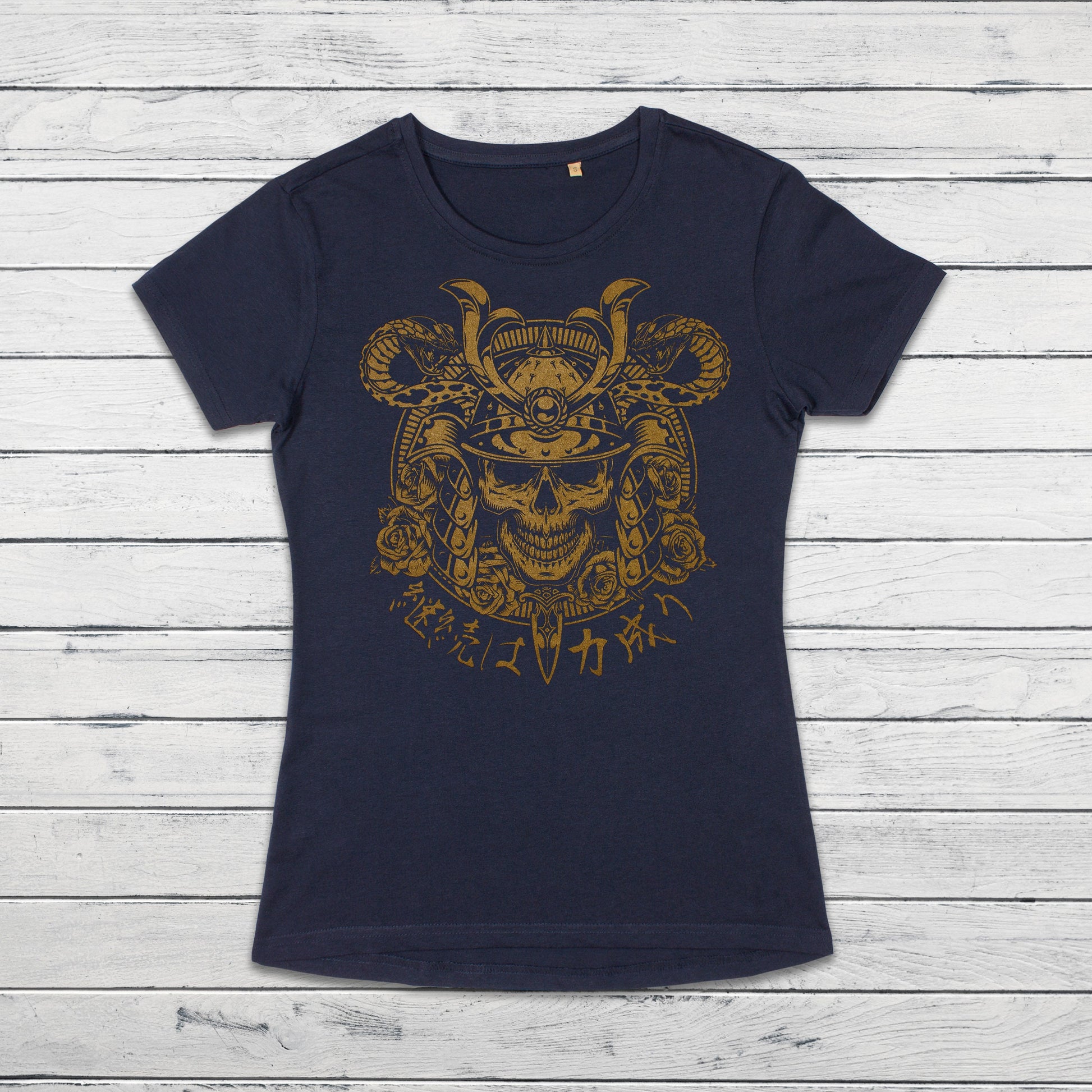 Japanese Samurai Calligraphy T Shirt Traditional Art Japan Kanji Bushido Onna Bugeisha Tattoo Skull Armour Yoroi Womens Girl Printed Tee Top