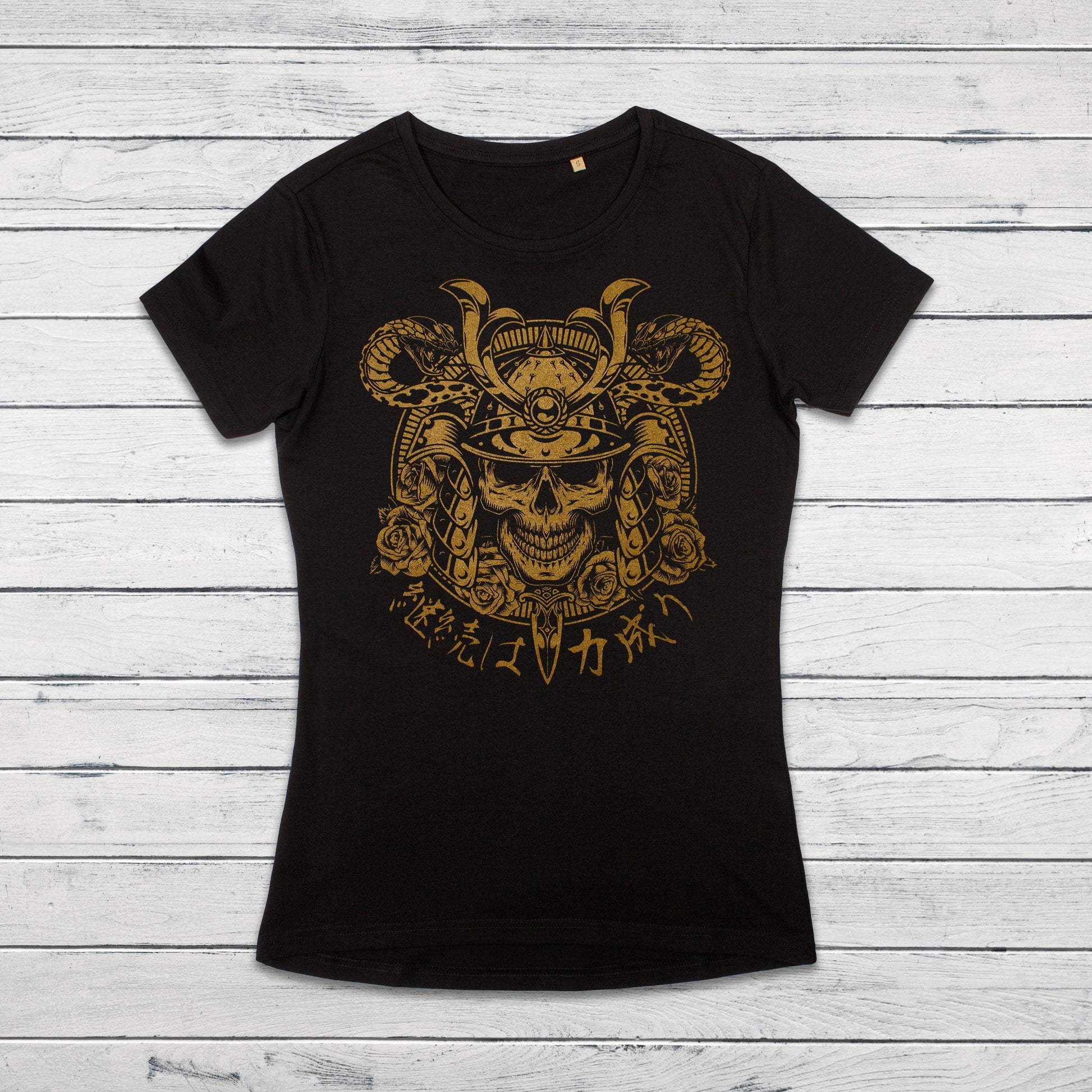 Japanese Samurai Calligraphy T Shirt Traditional Art Japan Kanji Bushido Onna Bugeisha Tattoo Skull Armour Yoroi Womens Girl Printed Tee Top