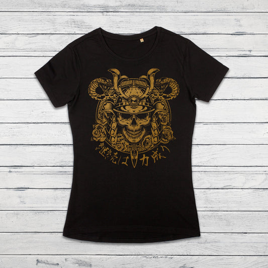 Japanese Samurai Calligraphy T Shirt Traditional Art Japan Kanji Bushido Onna Bugeisha Tattoo Skull Armour Yoroi Womens Girl Printed Tee Top