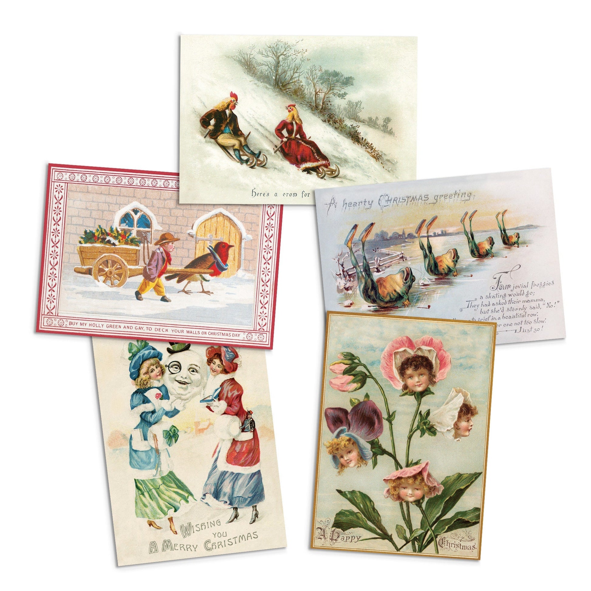 Greeting Cards Victorian Weird Christmas Card Set of 5 Xmas Tree New Year Winter English British Old Vintage Retro Santa Funny Creepy Quirky