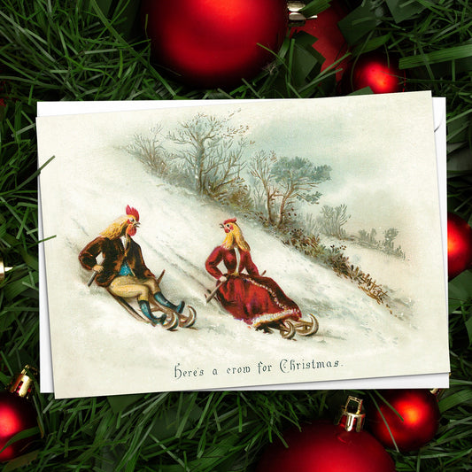 Weird Victorian Greeting Cards Christmas Card Set Xmas New Year Winter Edwardian Vintage Retro Sledging Chickens Funny Festive Cheer C57