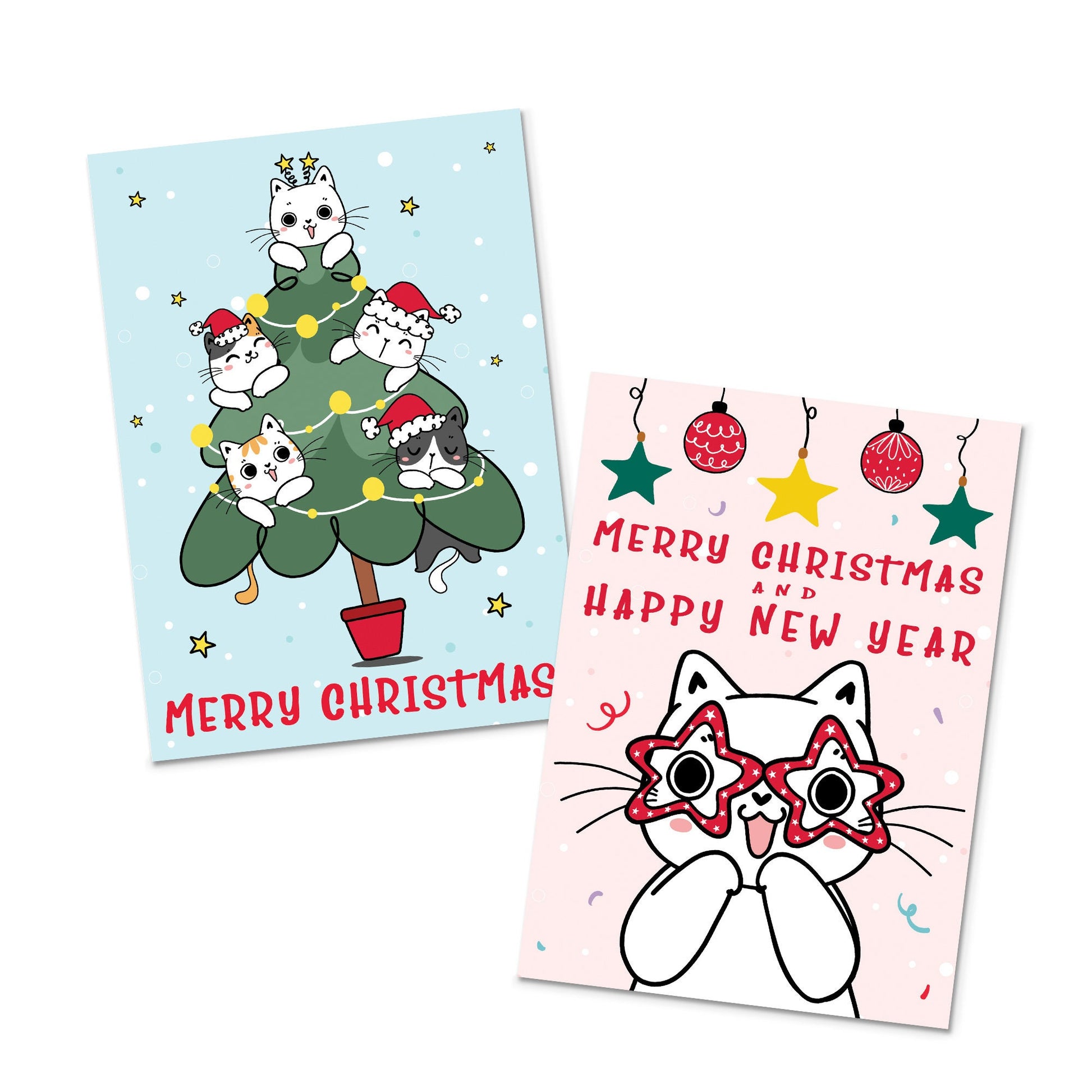 Kawaii Greeting Cards Christmas Card Set of 10 Xmas Tree New Year Winter Pretty Cats Kittens Penguins Teddy Retro Santa Claus Kittens Cute