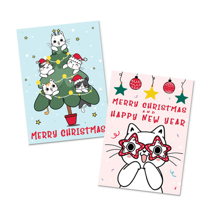 Kawaii Greeting Cards Christmas Card Set of 10 Xmas Tree New Year Winter Pretty Cats Kittens Penguins Teddy Retro Santa Claus Kittens Cute