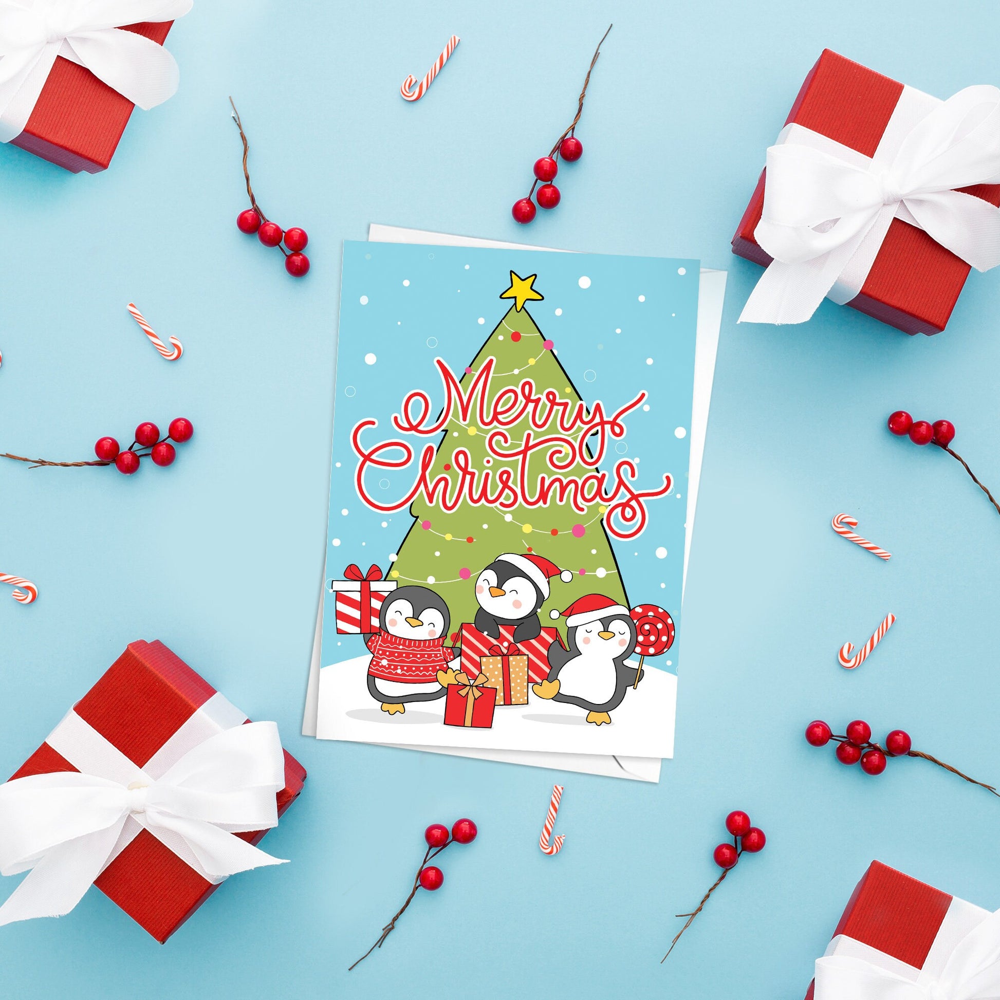 Kawaii Greeting Cards Christmas Card Set of 5 Xmas Tree New Year Winter Pretty Cats Kittens Penguins Teddy Retro Santa Claus Adorable Cute