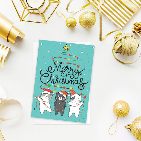 Christmas Greeting Card Kawaii Xmas Tree New Year Winter Pretty Cats Kittens Retro Santa Claus Kittens Cute Party Cat-Lover Gift Gifts - F90