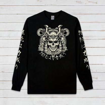 Japanese Long Sleeve Print T Shirt Writing Samurai Bushido Onna Bugeisha Tattoo Skull Armour Yoroi Kanji Calligraphy Printed Mens Women Tee