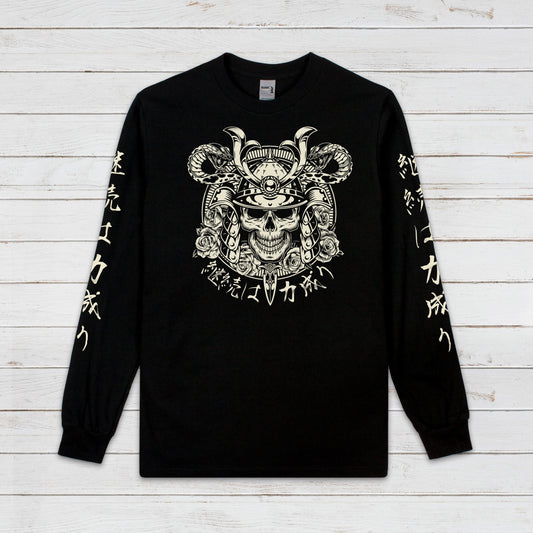 Japanese Long Sleeve Print T Shirt Writing Samurai Bushido Onna Bugeisha Tattoo Skull Armour Yoroi Kanji Calligraphy Printed Mens Women Tee