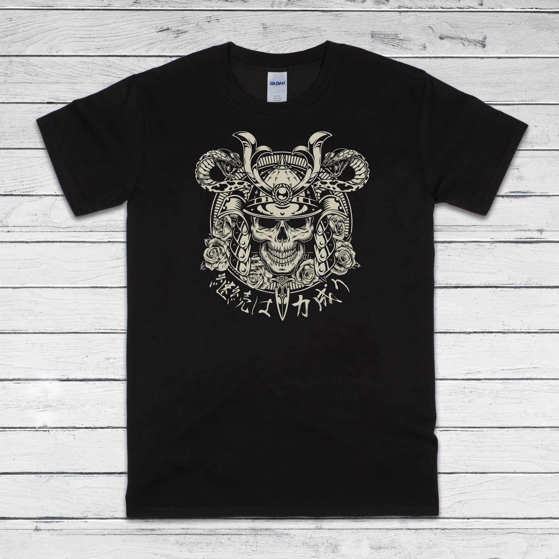 Japanese Samurai Print T Shirt Writing Bushido Onna Bugeisha Tattoo Skull Armour Yoroi Kanji Calligraphy Martial Arts Printed Mens Women Tee