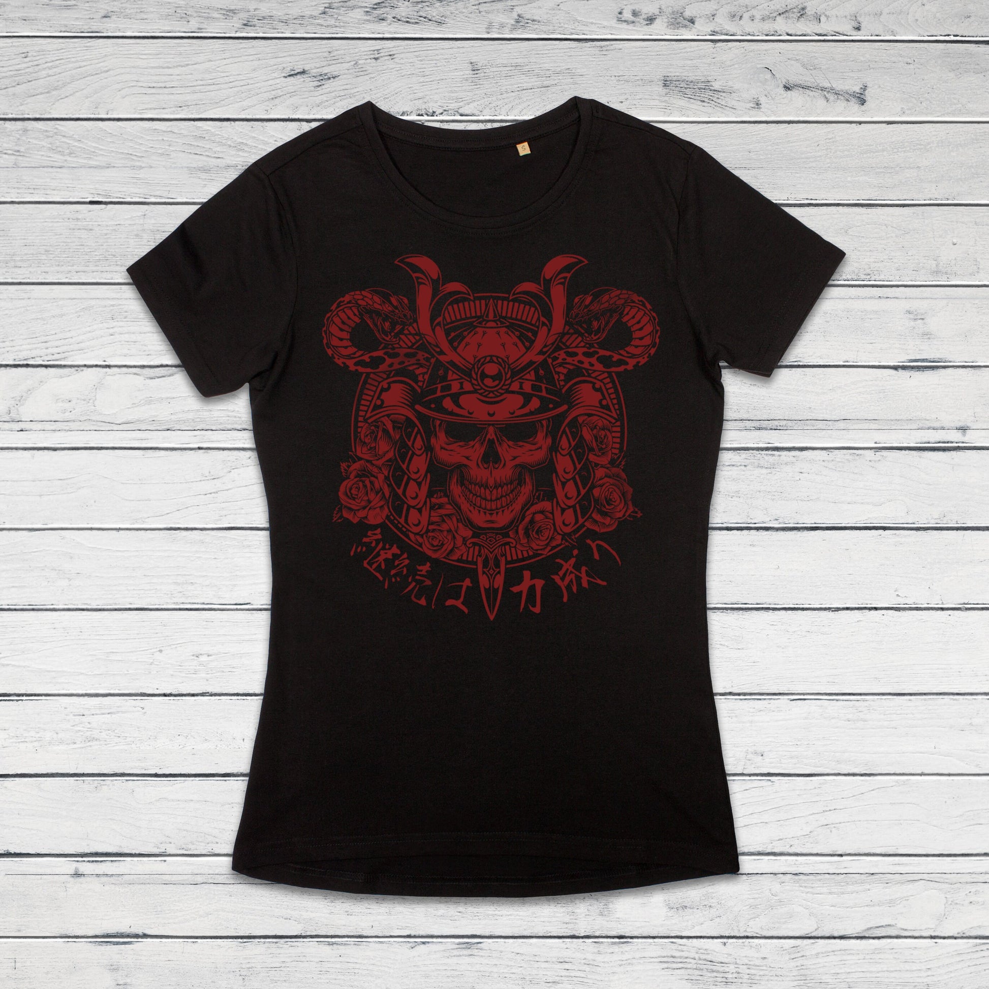 Japanese Samurai Calligraphy T Shirt Traditional Art Japan Kanji Bushido Onna Bugeisha Tattoo Skull Armour Yoroi Womens Girl Printed Tee Top
