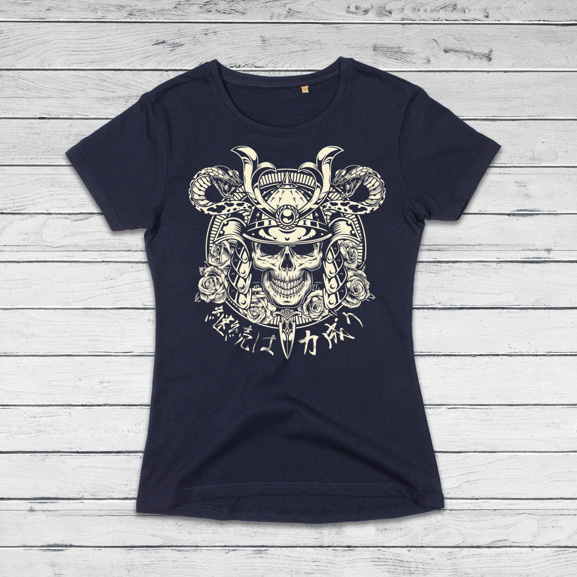 Japanese Samurai Calligraphy T Shirt Traditional Art Japan Kanji Bushido Onna Bugeisha Tattoo Skull Armour Yoroi Womens Girl Printed Tee Top