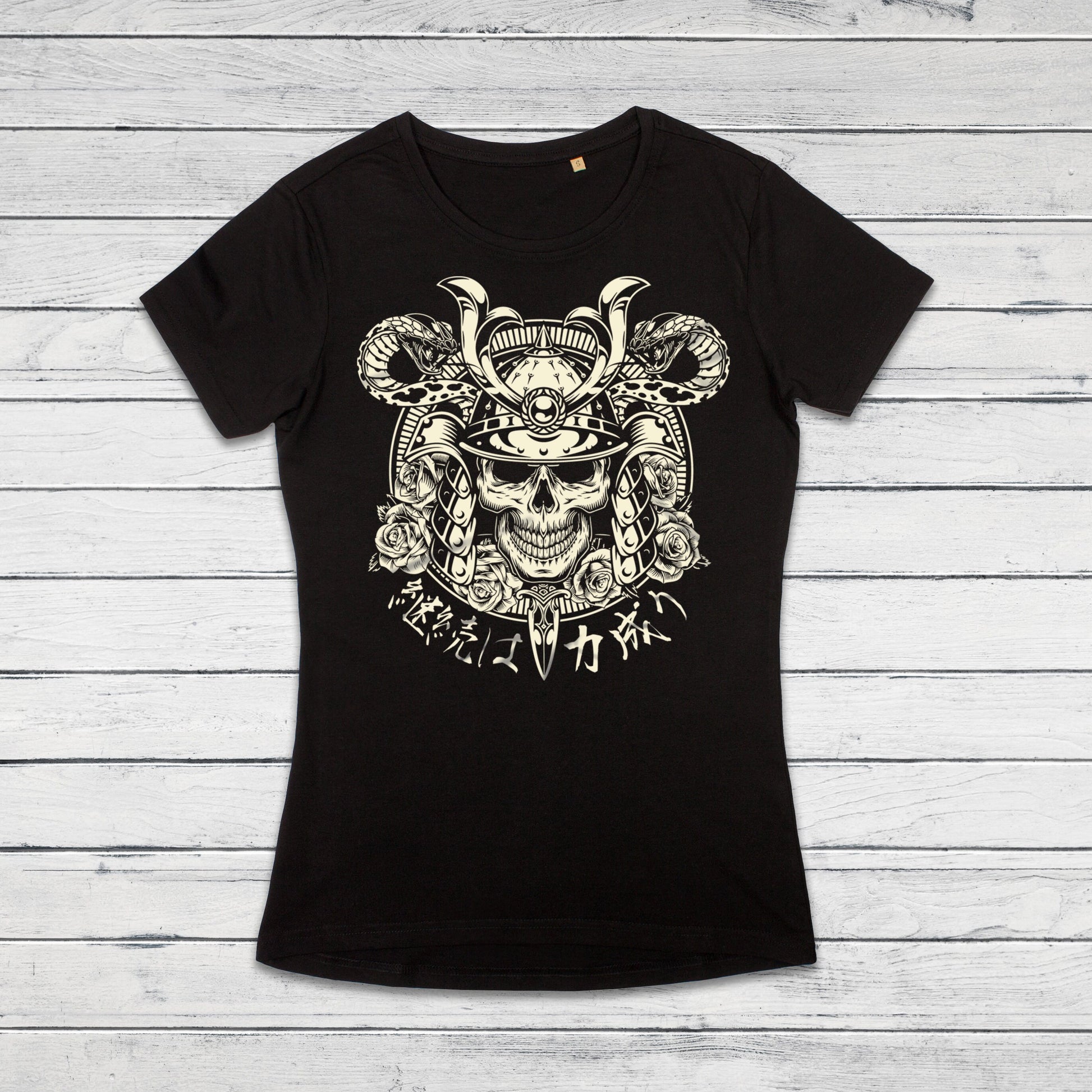 Japanese Samurai Calligraphy T Shirt Traditional Art Japan Kanji Bushido Onna Bugeisha Tattoo Skull Armour Yoroi Womens Girl Printed Tee Top