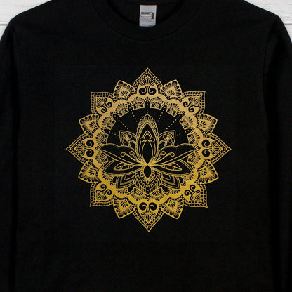 Lotus Mandala Long Sleeve Print T Shirt Traditional Indian Henna Tattoo Gold Print Yoga Inspirational Buddhism Hindu Printed Mens Women Tee