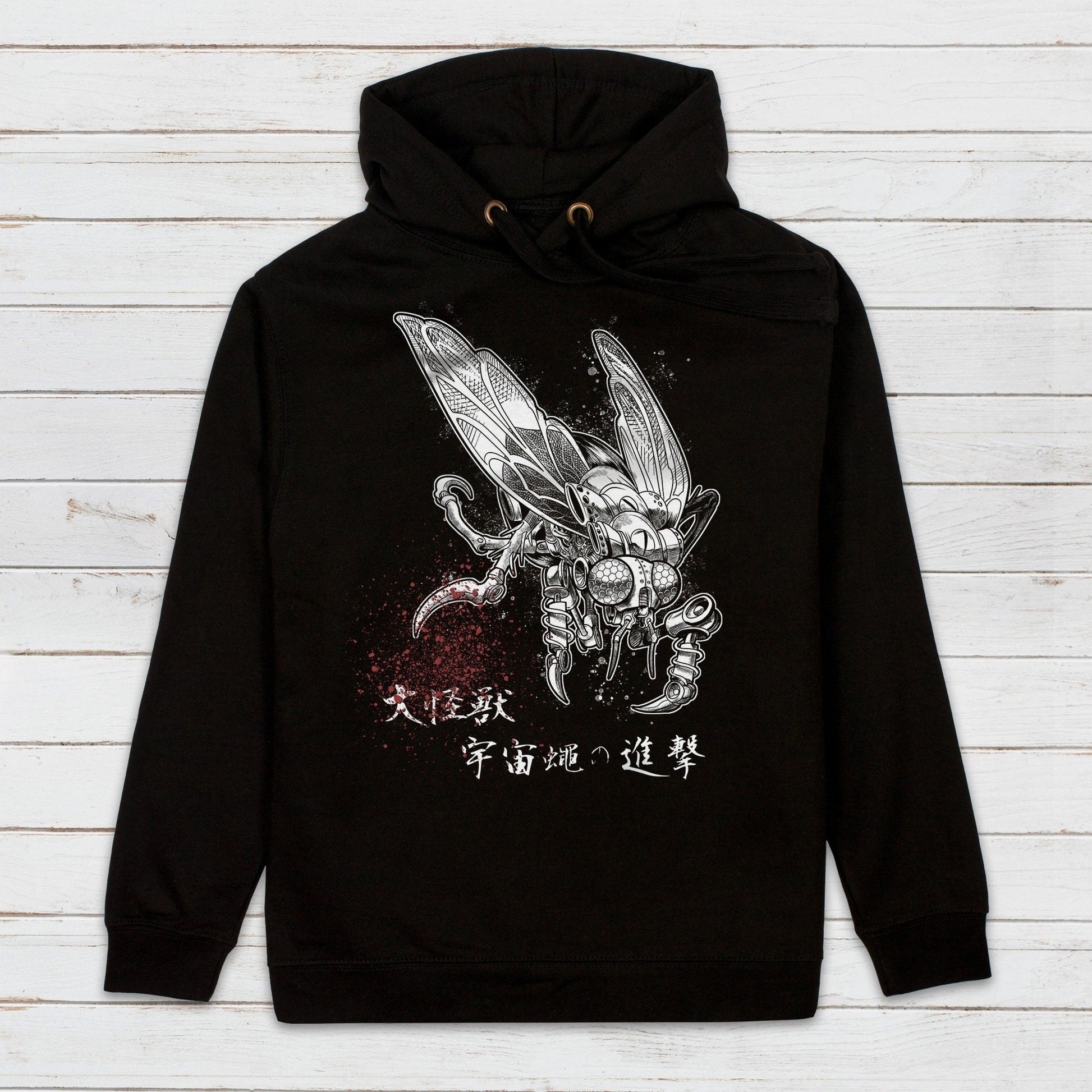 Japanese Hoodie Space Robot Fly Insect Kaiju Tattoo B-Movie Anime Manga Kanji Calligraphy Printed Mens Womens Sweatshirt Printed Hooded Top