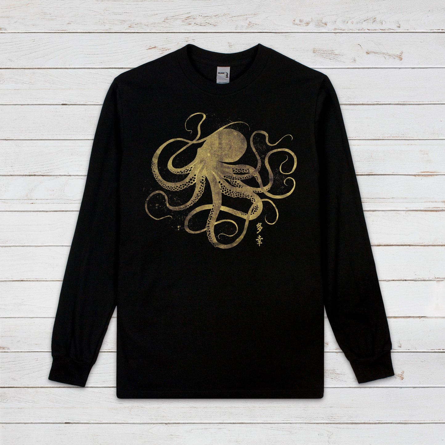 Octopus Japanese Long Sleeve Print T Shirt Gyotaku Traditional Art Anime Manga Gold Print Tattoo Kanji Calligraphy Printed Mens Women Tee