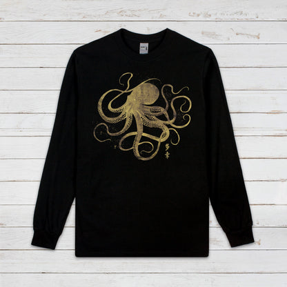 Octopus Japanese Long Sleeve Print T Shirt Gyotaku Traditional Art Anime Manga Gold Print Tattoo Kanji Calligraphy Printed Mens Women Tee