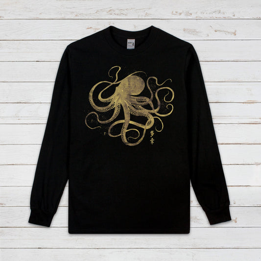 Octopus Japanese Long Sleeve Print T Shirt Gyotaku Traditional Art Anime Manga Gold Print Tattoo Kanji Calligraphy Printed Mens Women Tee