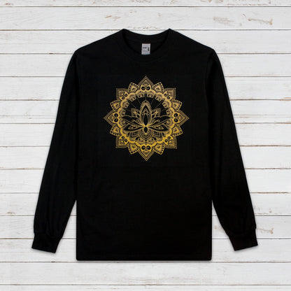 Lotus Mandala Long Sleeve Print T Shirt Traditional Indian Henna Tattoo Gold Print Yoga Inspirational Buddhism Hindu Printed Mens Women Tee