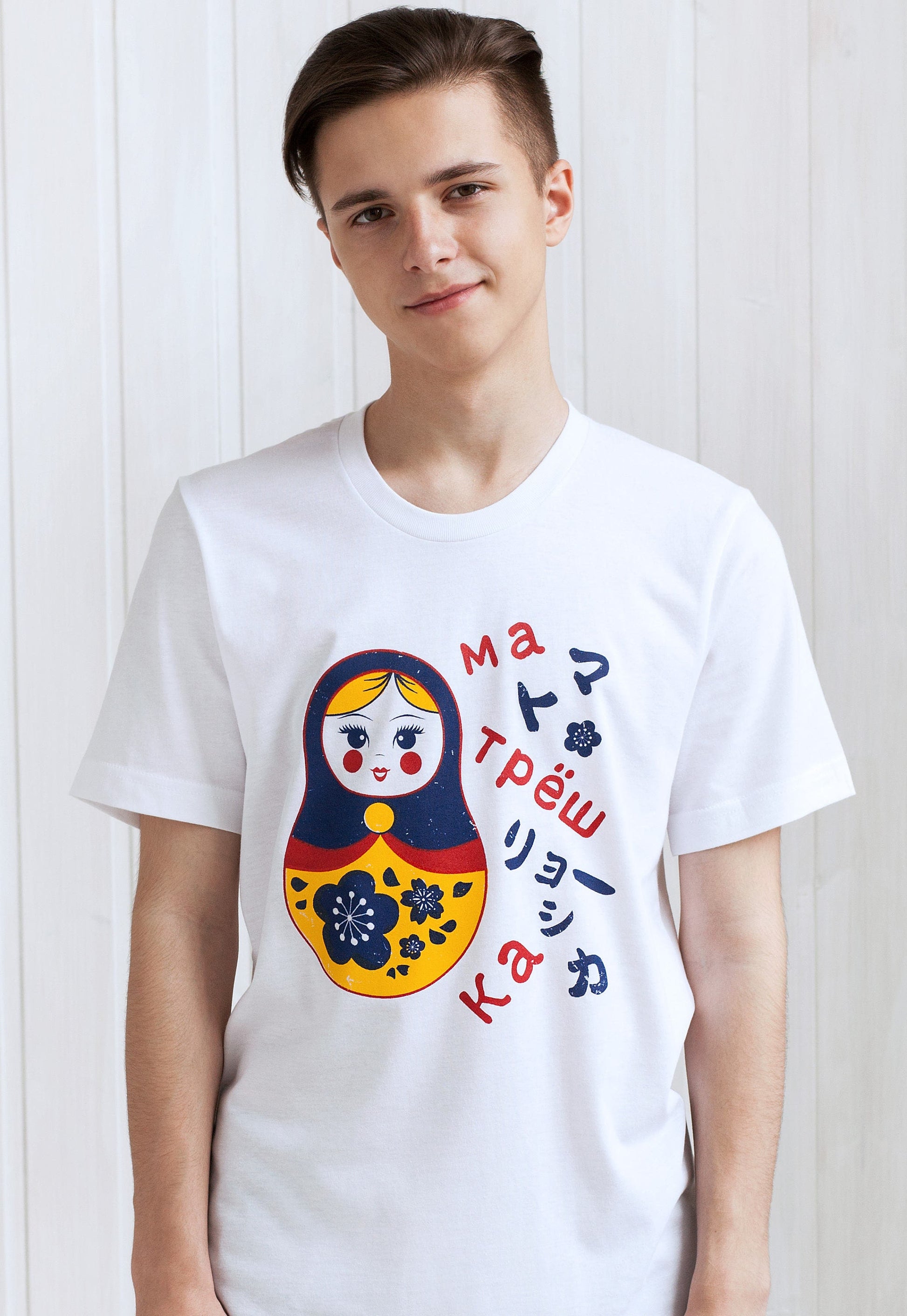 Japanese T Shirt - Sakura Matryoshka - Japan Kawaii Russian Doll Dolls Hiragana Kanji Cyrillic Fashion Happy Yoga Printed Men's Unisex Shirt