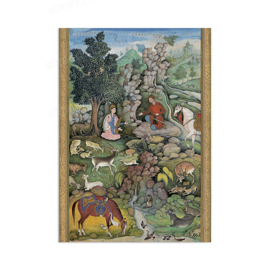 Mughal Persian Art Vintage Print Poster Antique Bahram Gur Sees Herd of Deer Mesmerized by Dilarams Music Painting Iran Miniature Beautiful