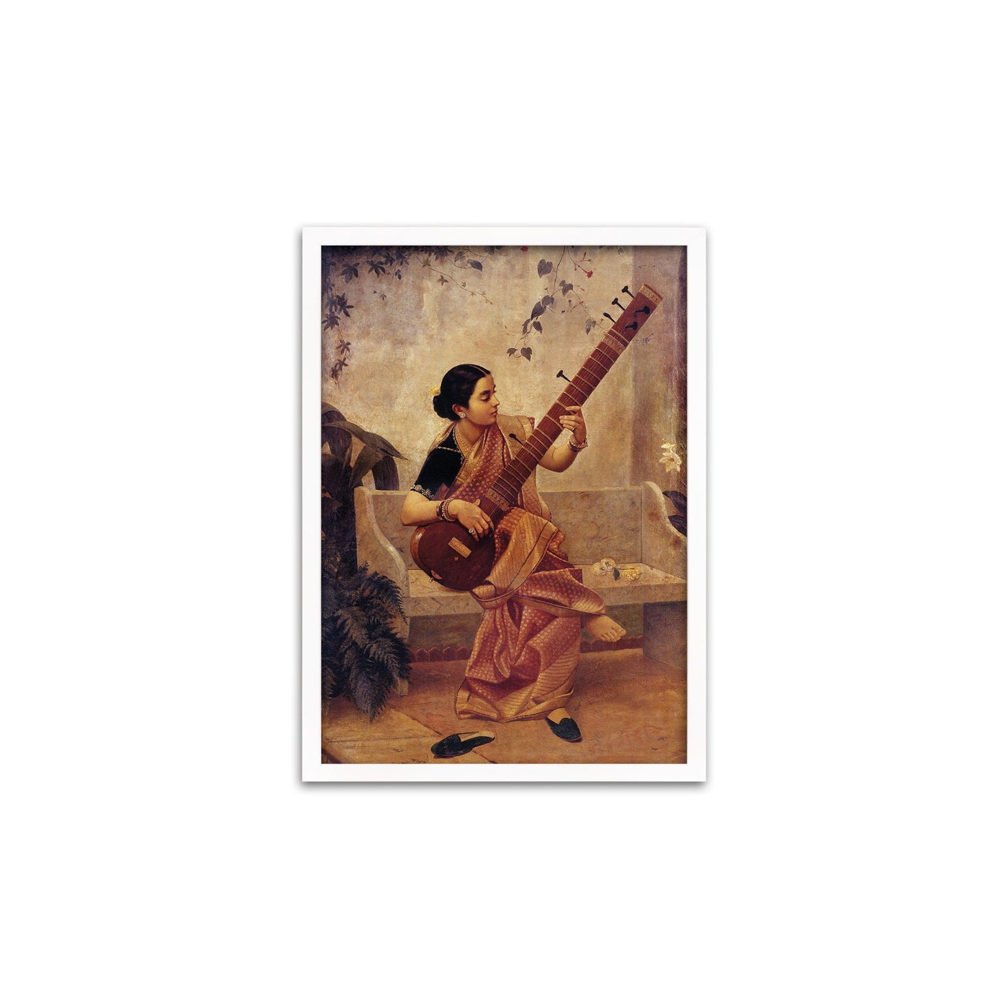Framed Mounted Indian Art Vintage Print Poster Antique Raja Ravi Varma Kadambari Music Hath Charm Hindu Kerala Painting Pretty Veena Sitar