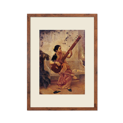 Framed Mounted Indian Art Vintage Print Poster Antique Raja Ravi Varma Kadambari Music Hath Charm Hindu Kerala Painting Pretty Veena Sitar