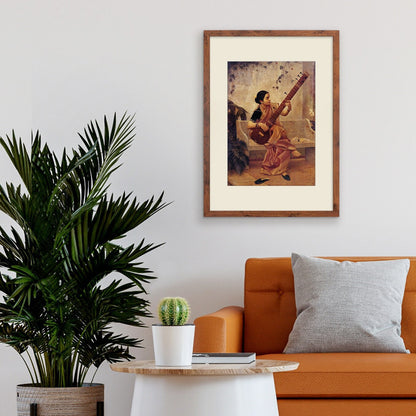 Framed Mounted Indian Art Vintage Print Poster Antique Raja Ravi Varma Kadambari Music Hath Charm Hindu Kerala Painting Pretty Veena Sitar