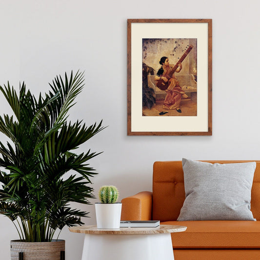 Framed Mounted Indian Art Vintage Print Poster Antique Raja Ravi Varma Kadambari Music Hath Charm Hindu Kerala Painting Pretty Veena Sitar