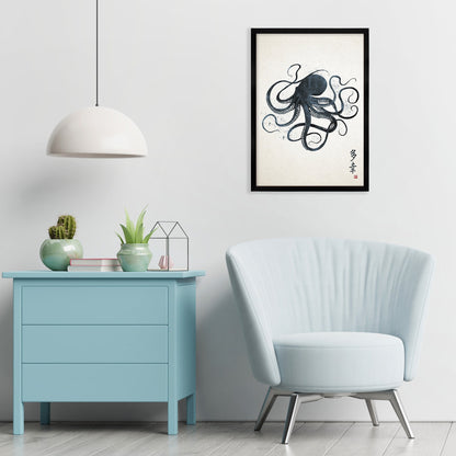 Japanese Octopus Art Print Poster Woodblock Ukiyo-e Style Framed Mounted Wall Samurai Tattoo Monster Calligraphy Beautiful Bushido A2 Large