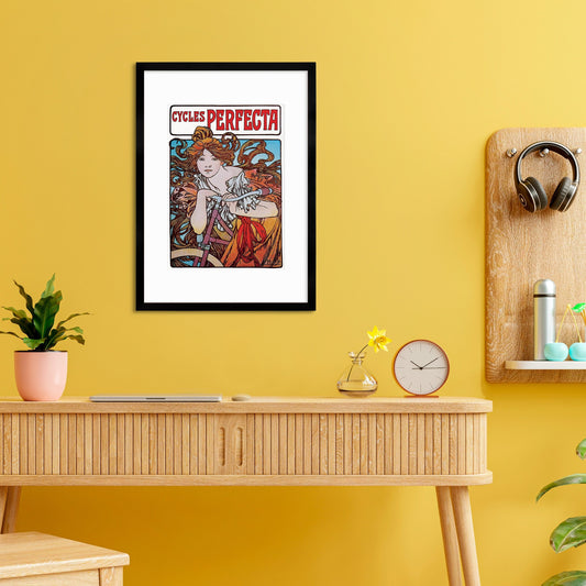 Framed Mounted Alphonse Mucha Cycles Perfecta Vintage Art Print Poster Wall Antique Quirky Illustration Fairy Bicycle Victorian Beautiful