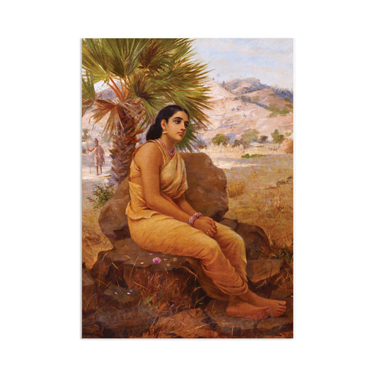 Indian Art Vintage Print Poster Antique Raja Ravi Varma Shakuntala Lost in Dushyanta's Thoughts Hindu Kerala Painting Sari Saree Beautiful