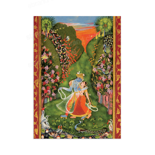 Indian Art Vintage Print Poster Antique Radha and Krishna Walk in a Flowering Grove The Kota Master Hindu Saree Sari Painting Beautiful A3